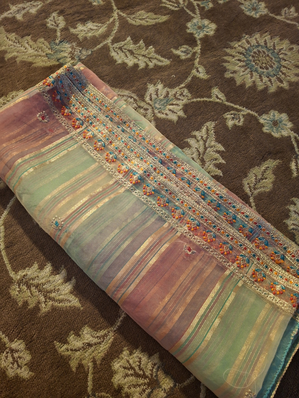 Elegant Multicolor Embroidered Linen Dupatta / Scarf with Gold Stripes